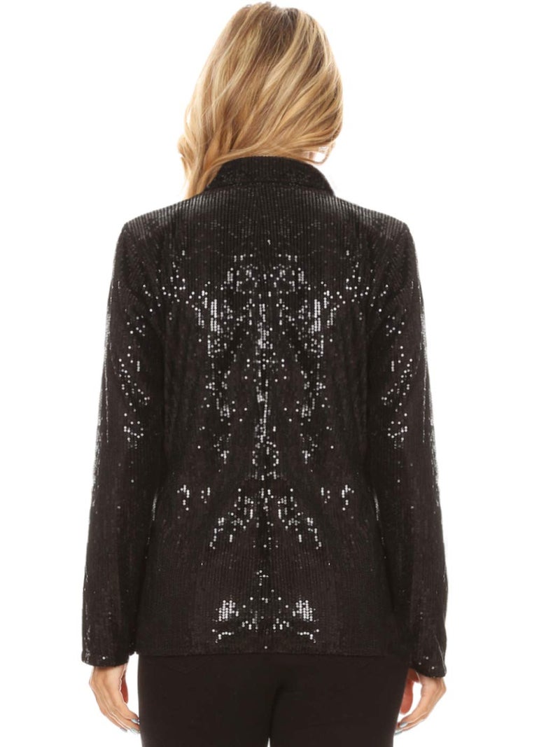 Anna-Kaci Women's Evening Sparkle Sequins Open Front Long Sleeve Blazer Jacket,Black,Large - Image 2